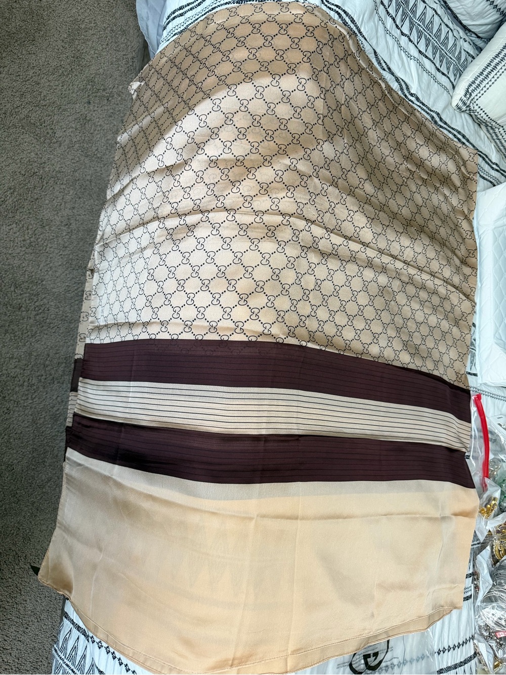 Designer-Inspired Beige and Burgundy Patterned Women's Scarf Wrap